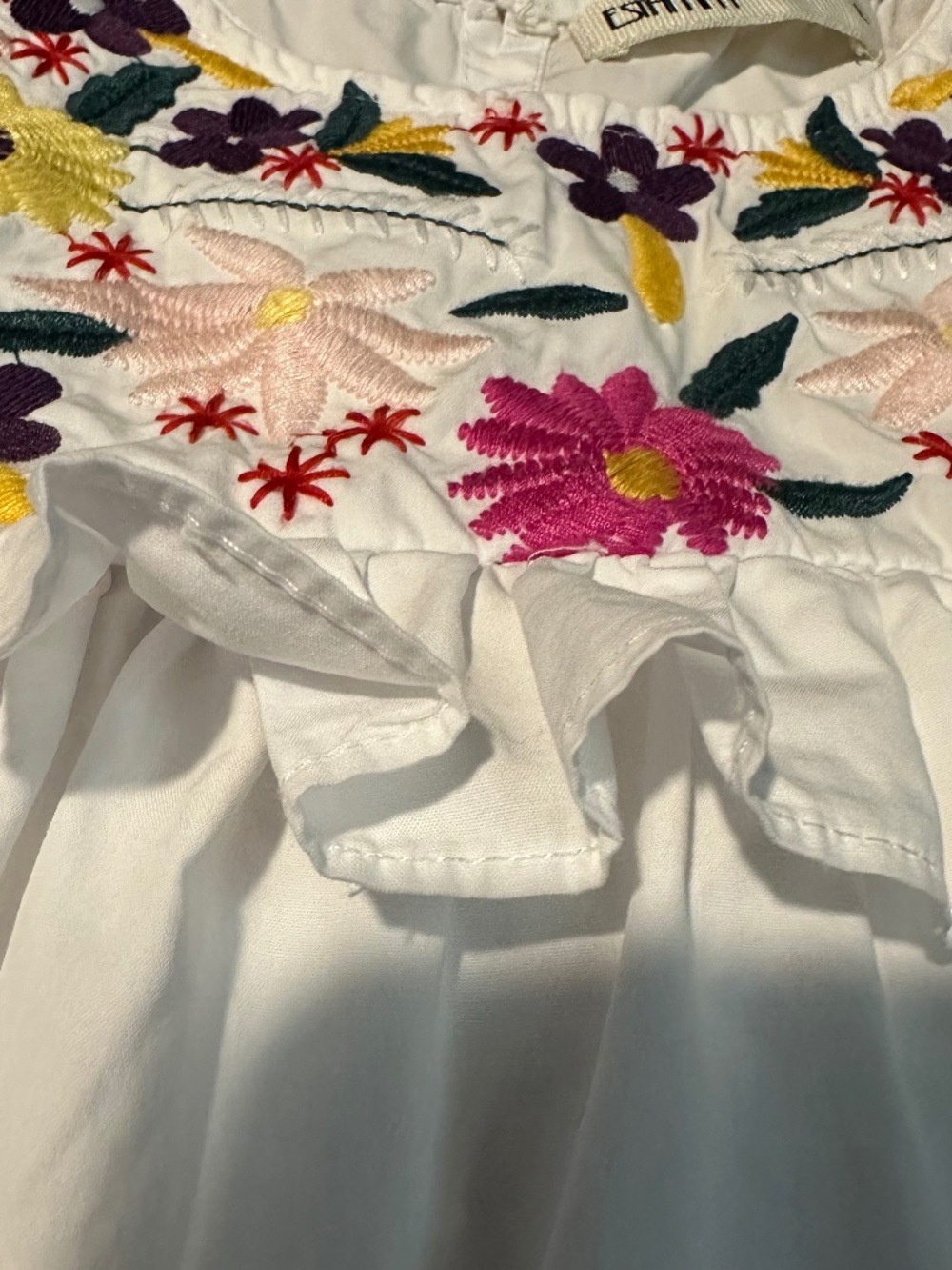 Estampa Boho Floral Embroidered Ruffled Peasant Slightly Cropped Blouse- Size L